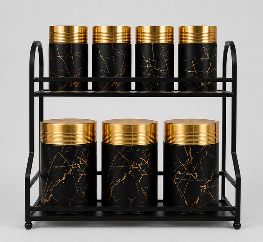 Black Marble & Gold Canister Set with Rack