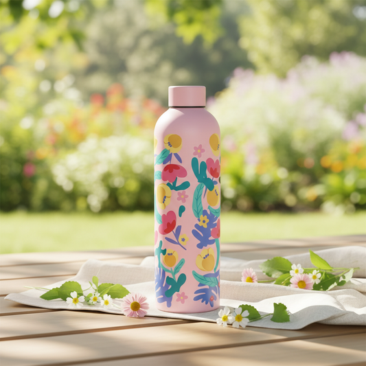 Floral pink water bottle lifestyle shot outdoors
