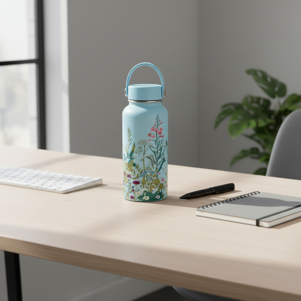Floral-patterned water bottle on a desk with a keyboard, pen, and notebook.