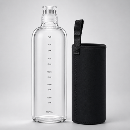 Clear water bottle with measurement markings and a black sleeve on a light gray background