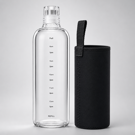 Clear water bottle with measurement markings and a black sleeve on a light gray background