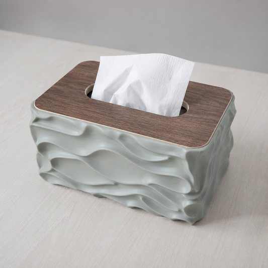 Wave Texture Tissue Holder with Wooden Lid - Saga Green