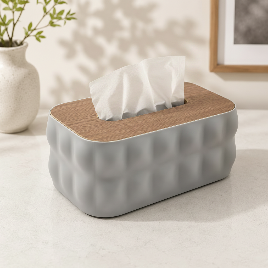 Sculptural Tissue Box Holder with Wood Lid