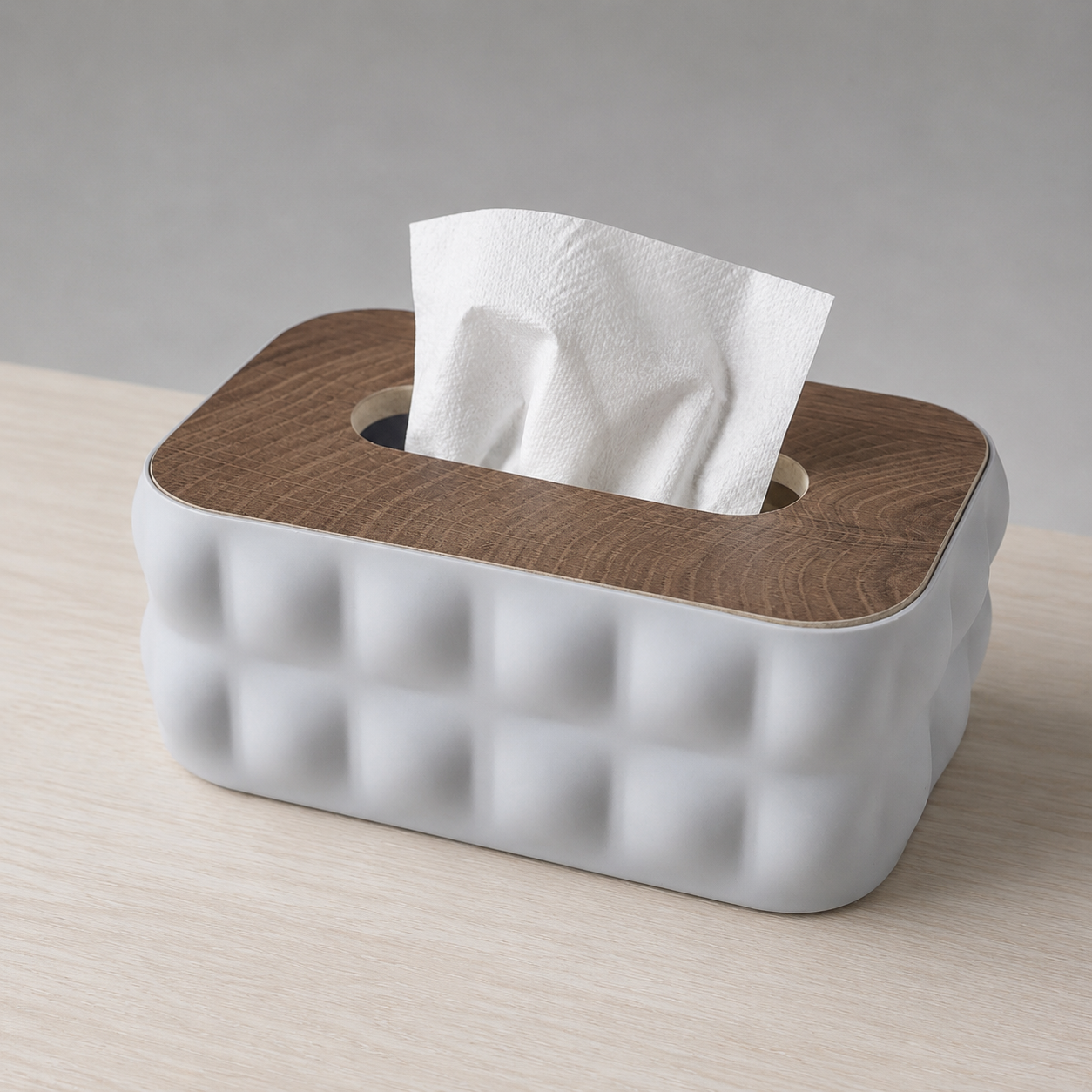 Sculptural Tissue Holder with Wood Lid - Gray