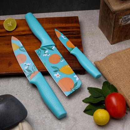 Citrus Print 3-Piece Kitchen Knife Set — Teal Blue with Printed Blades