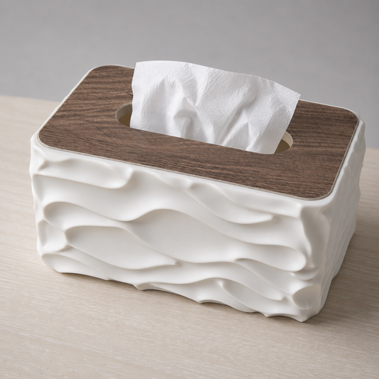 Wave Texture Tissue Holder with Wooden Lid - Light White