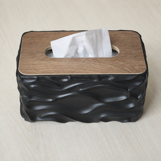 Wave Texture Tissue Holder with Wooden Lid - Black