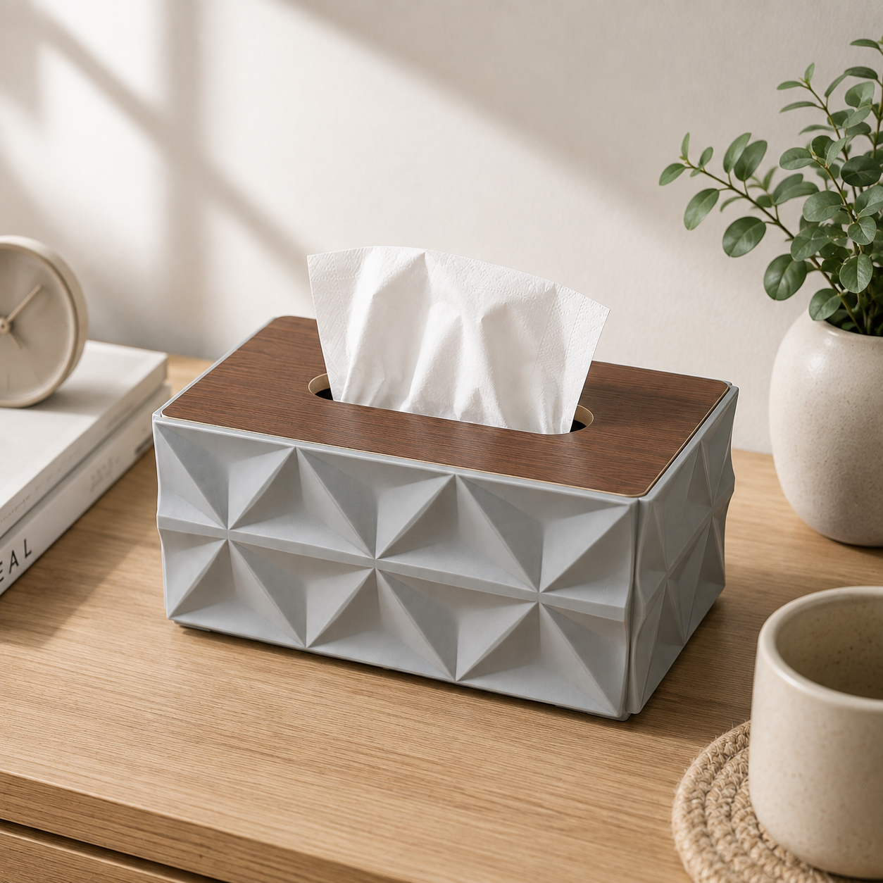 Diamond Geometric Tissue Box Holder with Walnut Wood Lid - Gray