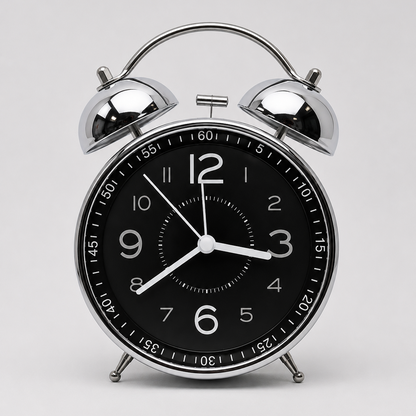 A classic twin-bell alarm clock with a polished silver metal body and a black face, featuring white Arabic numerals and hands, set against a light gray background.