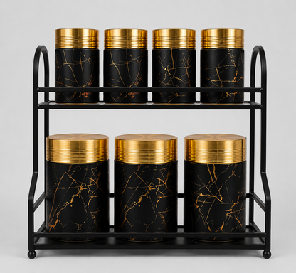 Black Marble & Gold Canister Set with Rack