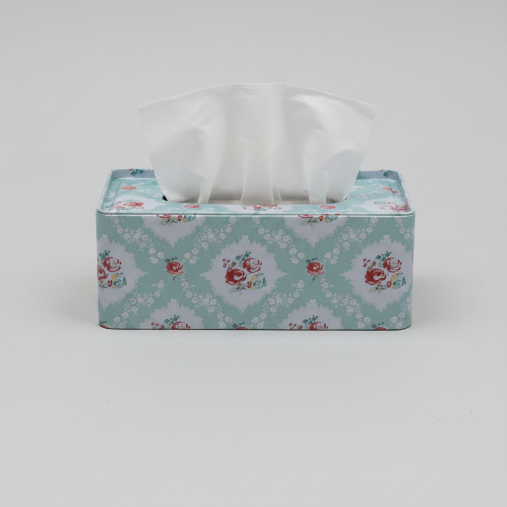 Rectangular tissue box cover with floral pattern on a light gray background