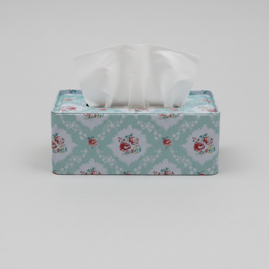 Rectangular tissue box cover with floral pattern on a light gray background
