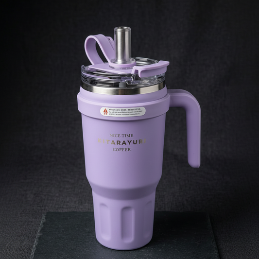 A lavender purple insulated travel tumbler with a handle, clear lid, and stainless steel straw, branded 'NICE TIME STARAYURI CUPPER' on the front, set against a dark textured background.