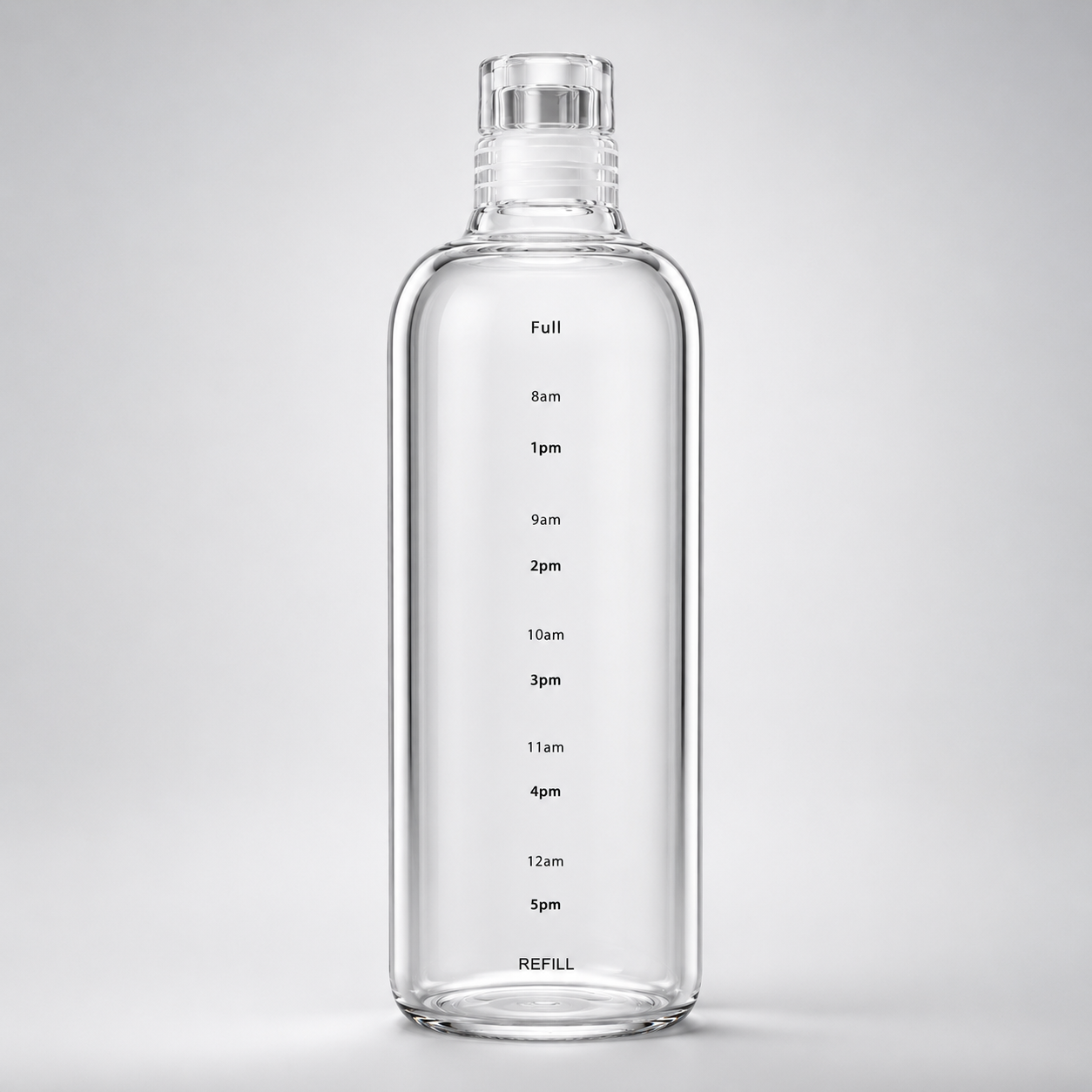 Clear water bottle with measurement markings on a light gray background