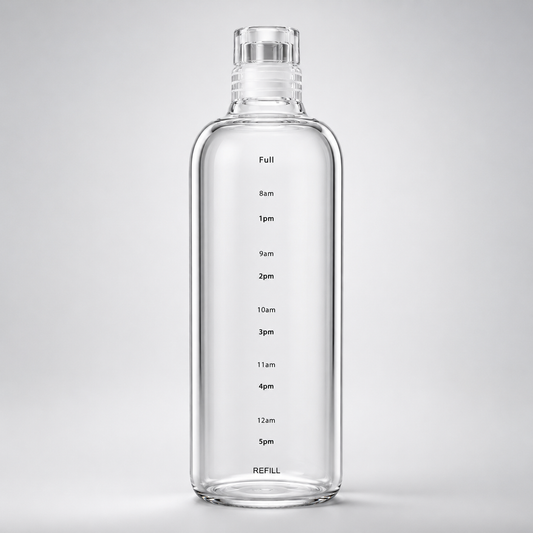Clear water bottle with measurement markings on a light gray background