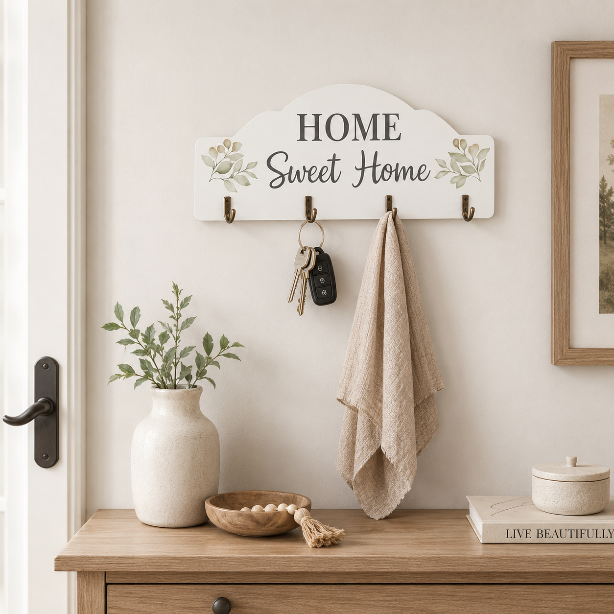 Decorative wall hook with 'Home Sweet Home' sign above a wooden console table.