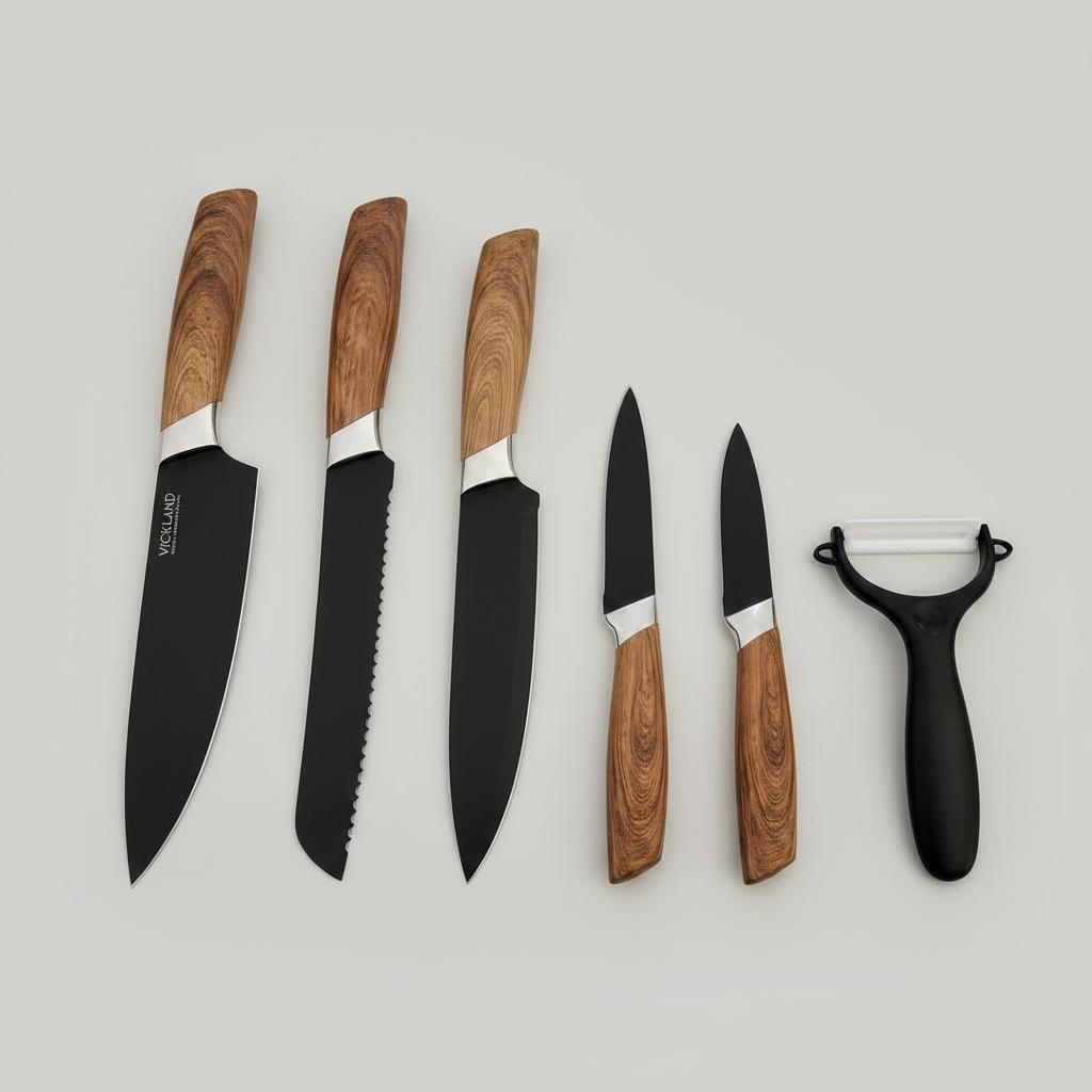 Set of knives with wooden handles on a light surface