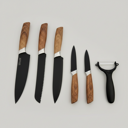 Set of knives with wooden handles on a light surface