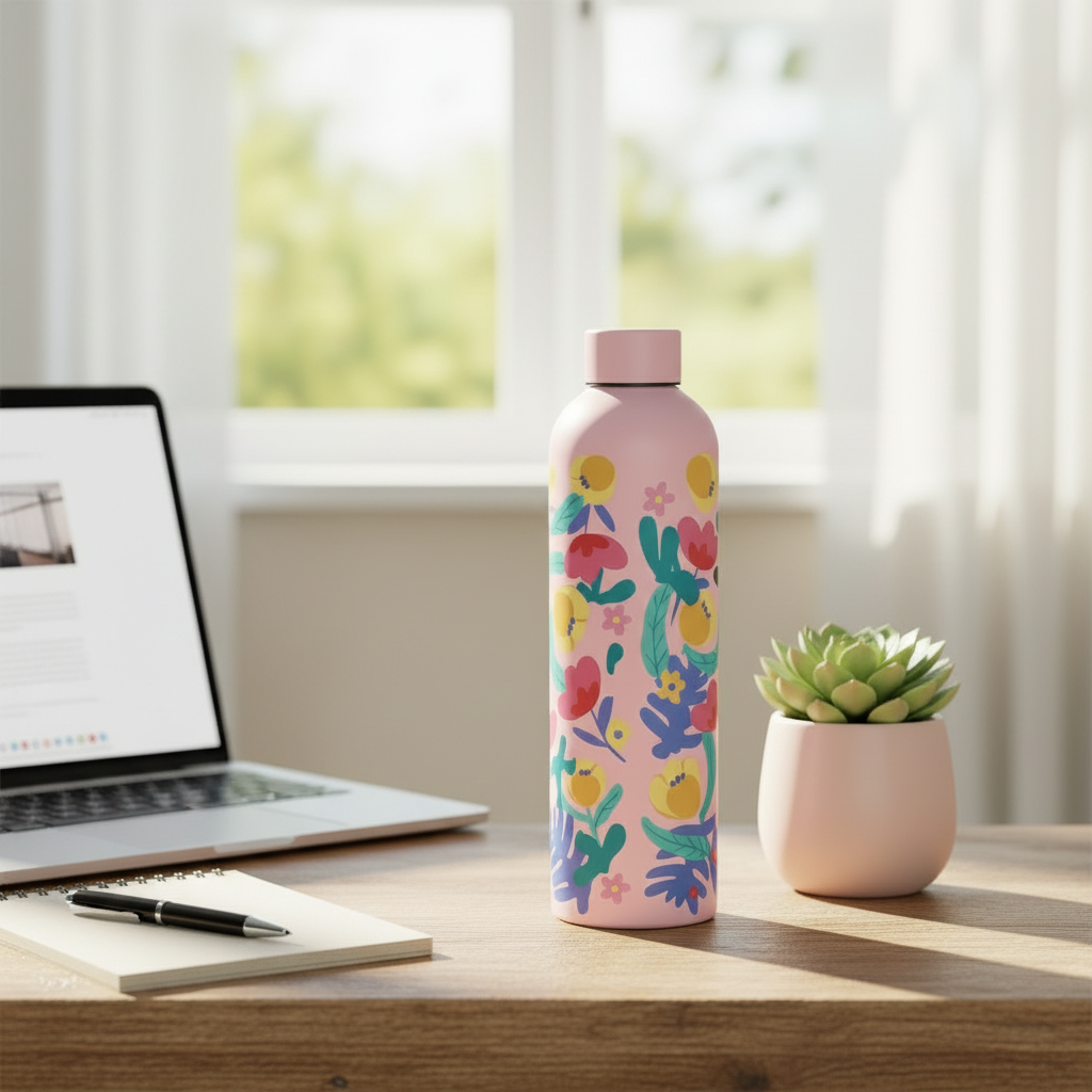 Pink bottle in an office
