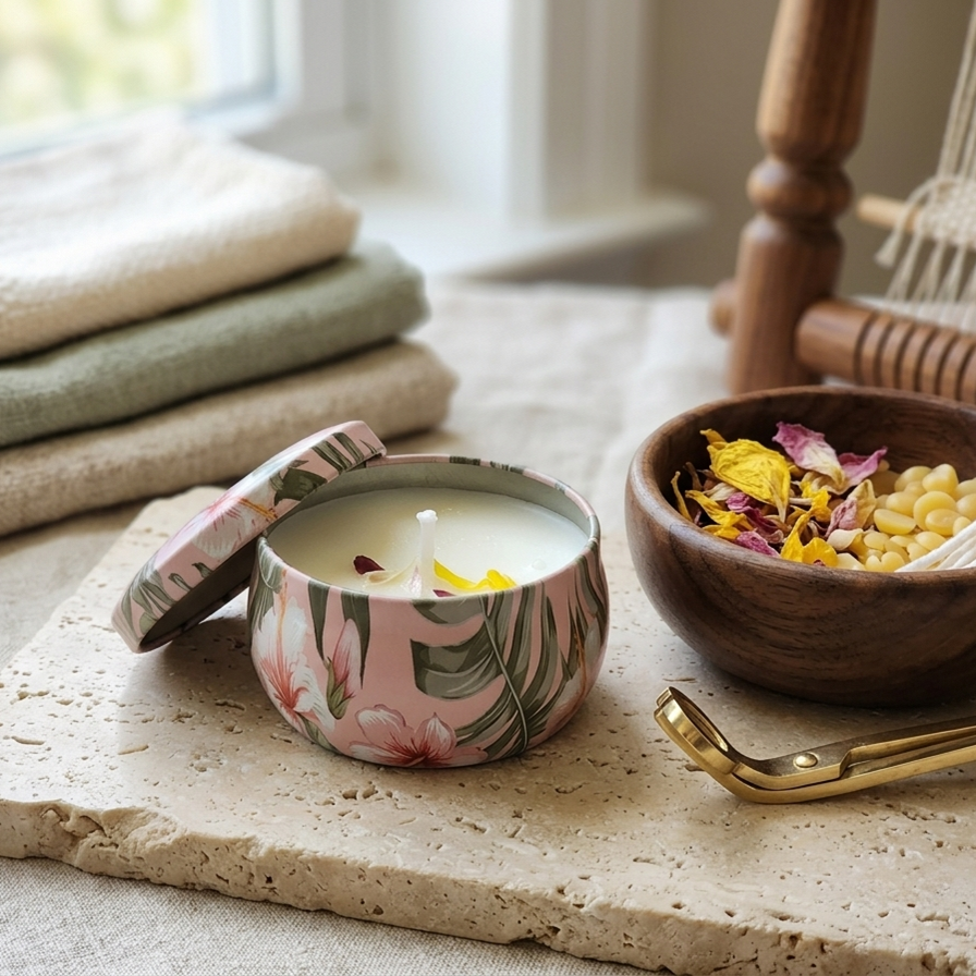 Floral Scented Candle Tin — Decorative Gift Candle