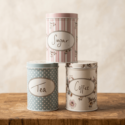 Three decorative storage cans labeled 'Sugar', 'Tea', and 'Coffee' on a wooden surface.