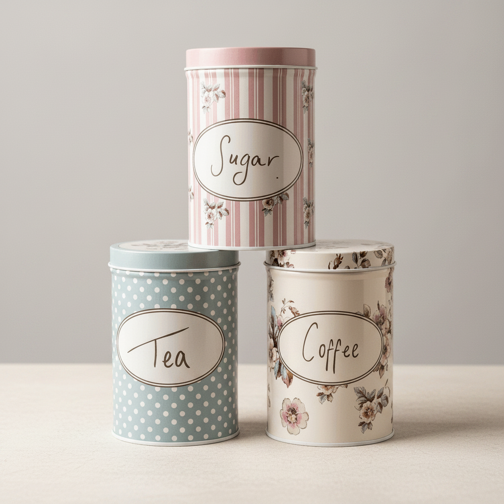 Three decorative storage cans labeled 'Sugar', 'Tea', and 'Coffee' on a neutral background.