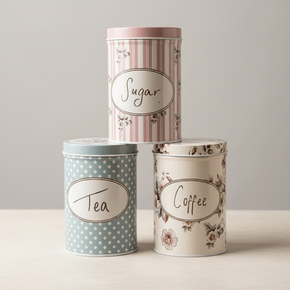 Three decorative storage cans labeled 'Sugar', 'Tea', and 'Coffee' on a neutral background.