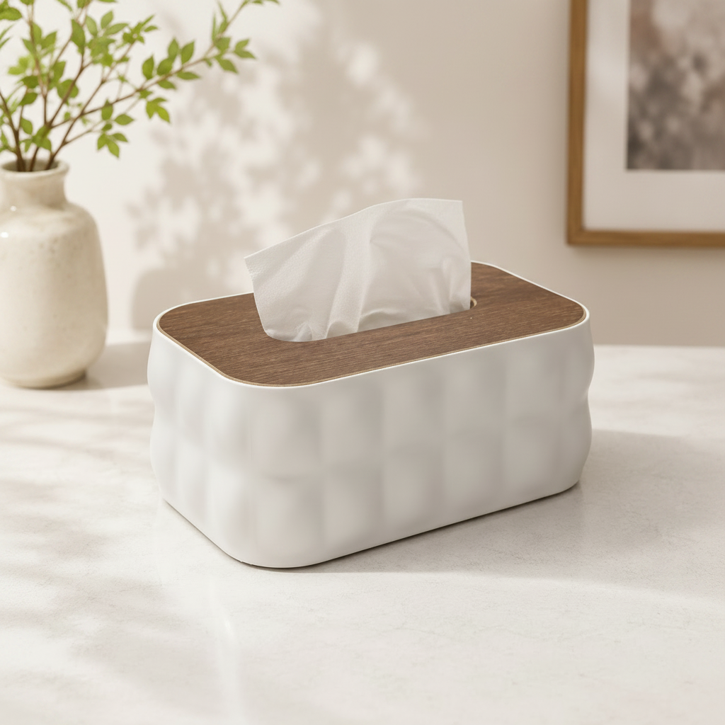 Tissue box with wooden top on a light surface