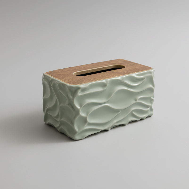 Wave Texture Tissue Box Holder with Wooden Lid