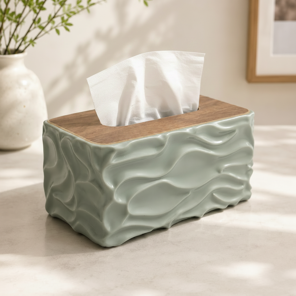 Tissue box cover with wavy design and wooden top on a light surface