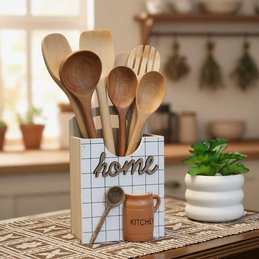 Farmhouse Wooden Caddy Kitchen Utensils Lifestyle