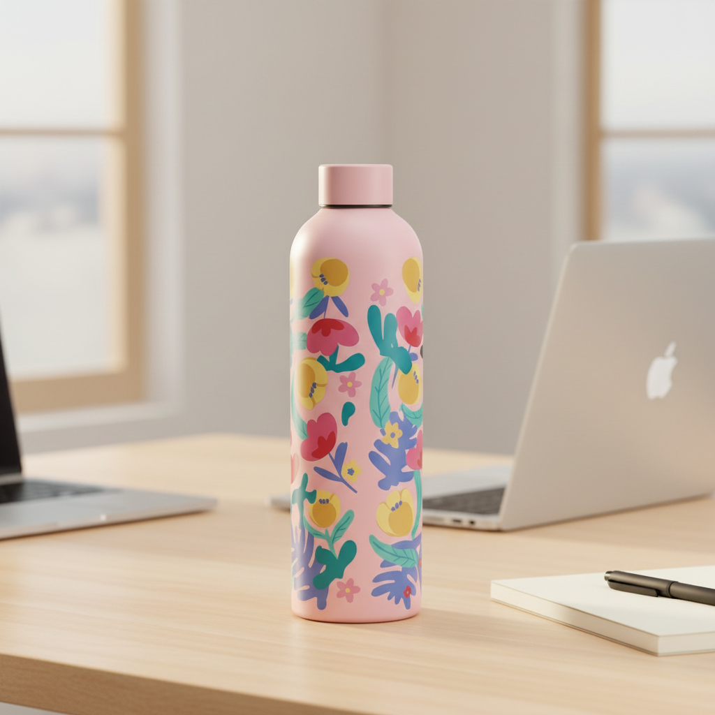 Pink water bottle with colorful cactus pattern on a desk with laptops and a notebook.