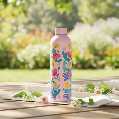 Floral pink water bottle lifestyle shot outdoors