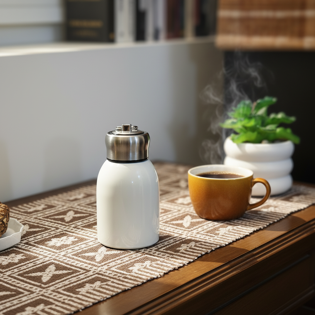Mini stainless steel insulated bottle on a cozy wooden desk