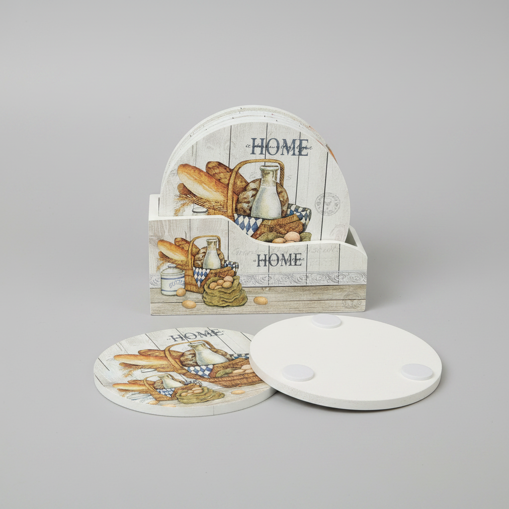 Farmhouse HOME wooden coaster set - studio packshot