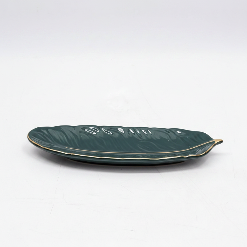 Small 10.5 inch emerald green ceramic leaf tray with gold trim