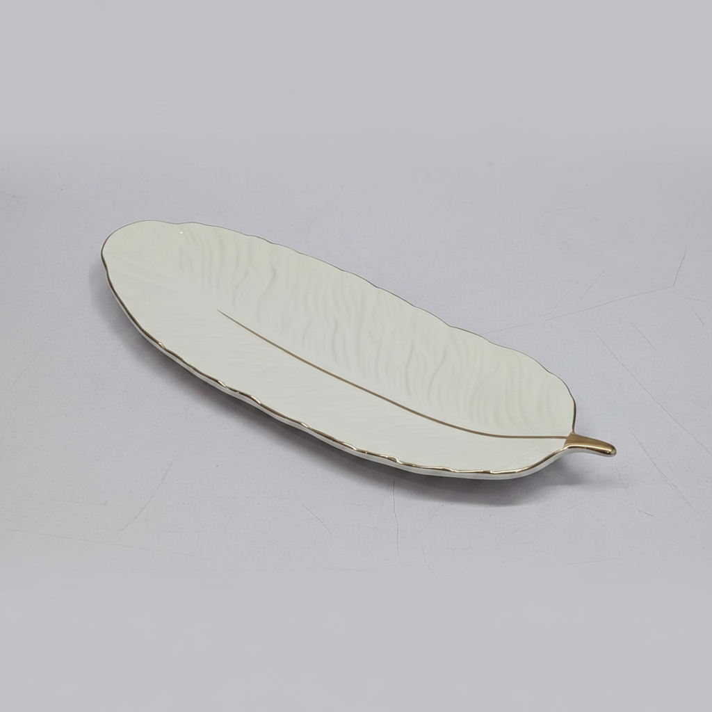 Large 14.5 inch glossy white ceramic leaf tray with gold trim
