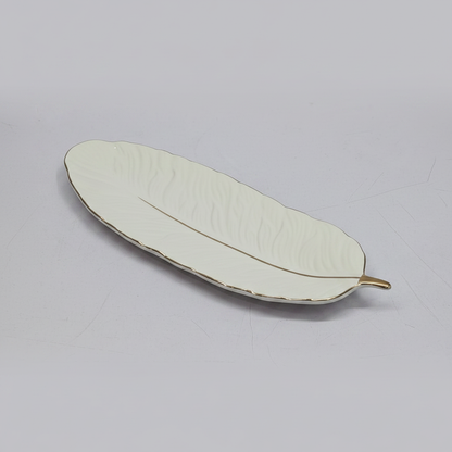 Large 14.5 inch glossy white ceramic leaf tray with gold trim