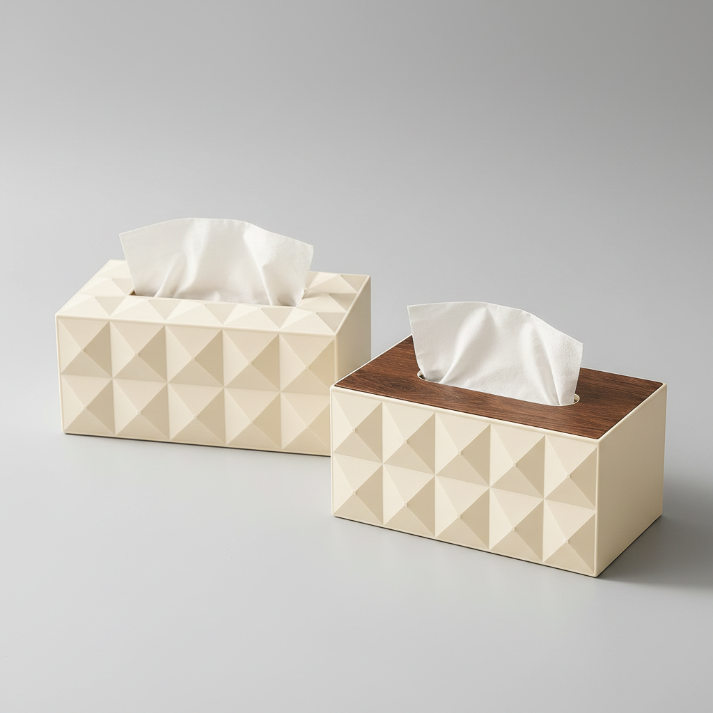 Geometric Tissue Box Holder - Ivory with Walnut Wood Top