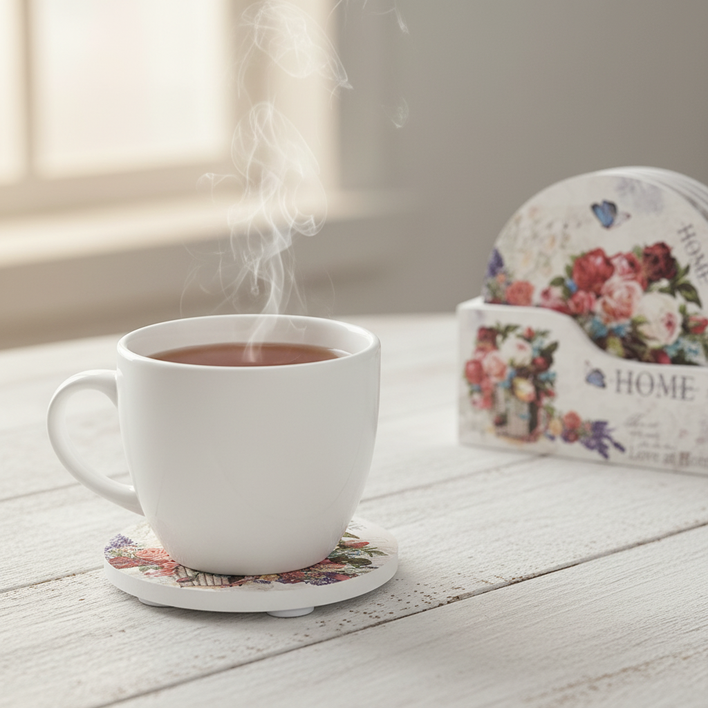 Vintage Floral Coaster Set - usability image with mug showing rubber grip lift
