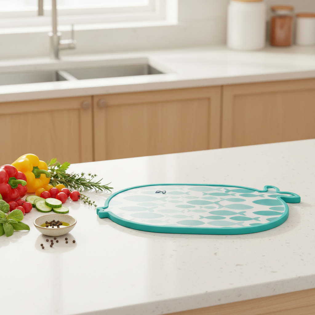 Fish-shaped cutting board on kitchen counter with vegetables