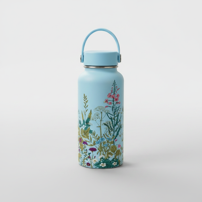 Wildflower botanical water bottle packshot on gray backdrop