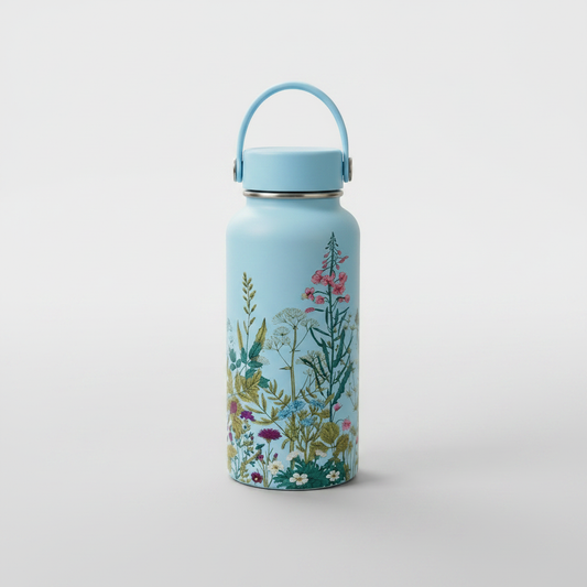 Wildflower botanical water bottle packshot on gray backdrop
