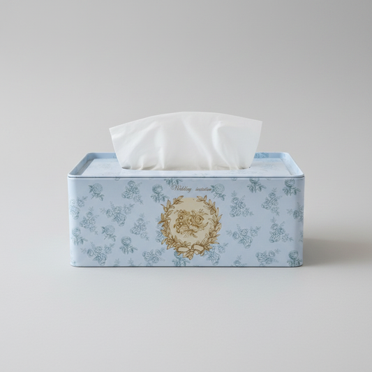 Vintage Floral Tin Tissue Box packshot on light gray background
