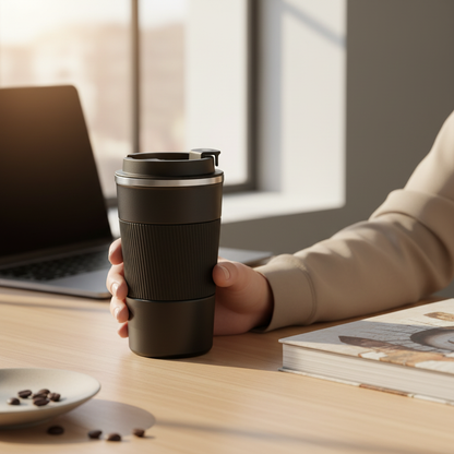 Matte black travel mug held at a café — lifestyle image