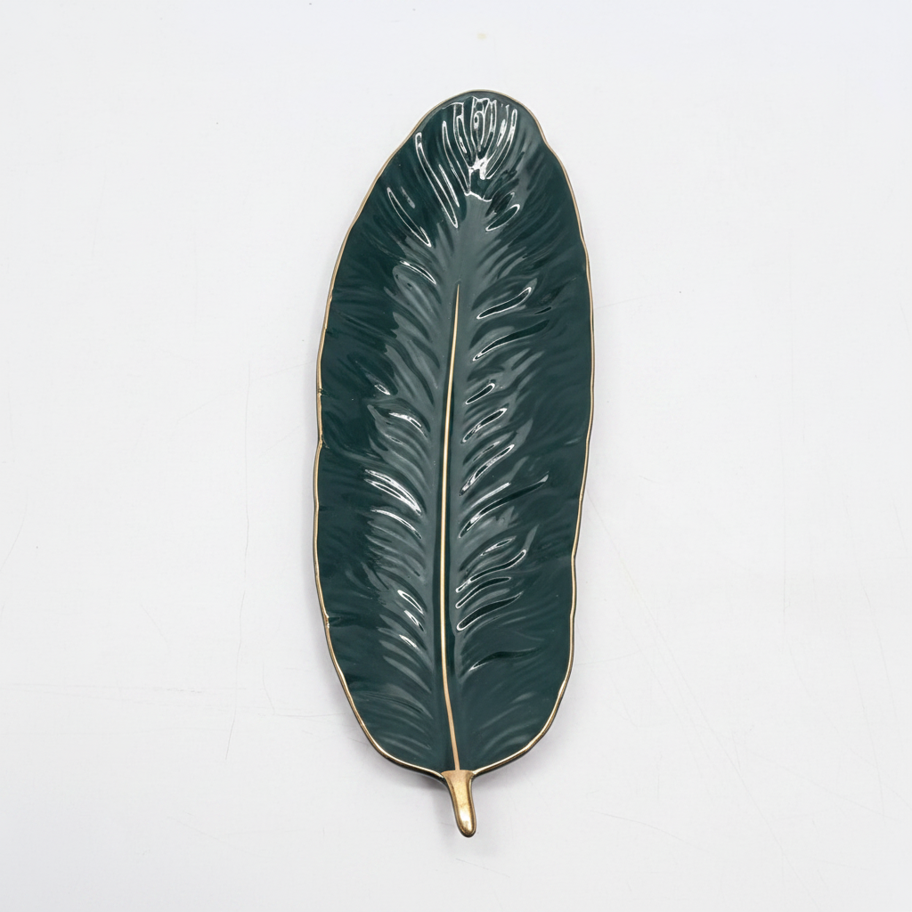 Large 14.5 inch emerald green ceramic leaf tray with gold trim