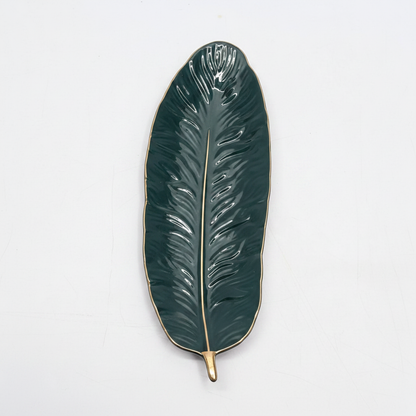 Large 14.5 inch emerald green ceramic leaf tray with gold trim