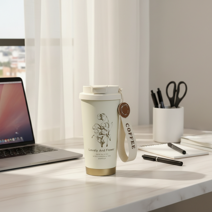 Coffee tumbler with a decorative strap on a desk next to a laptop