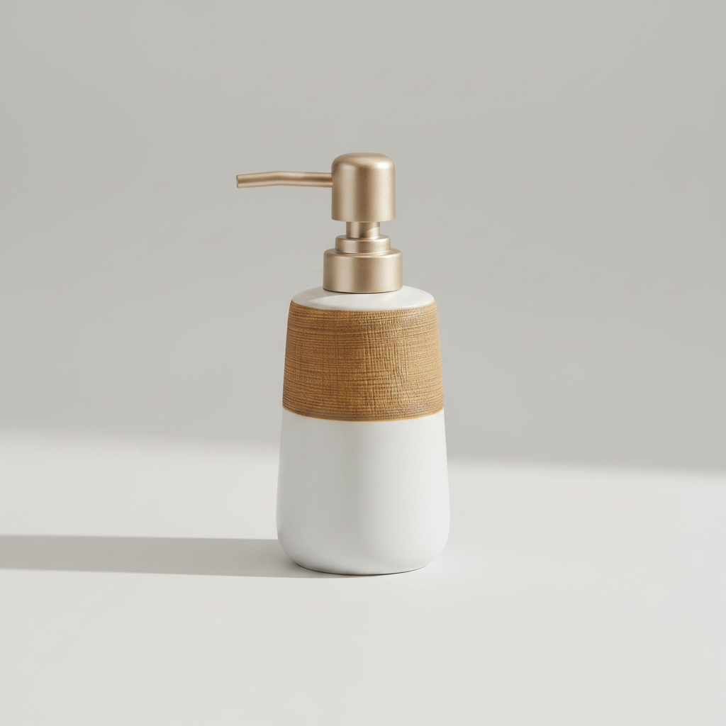 White and wood-patterned soap dispenser on a light gray background