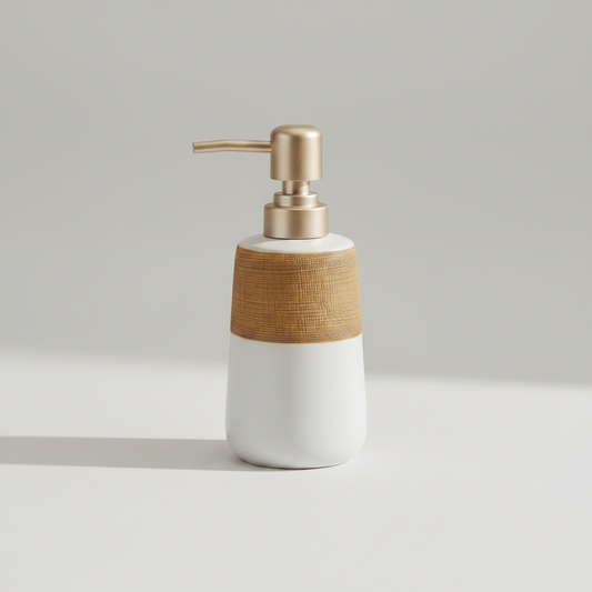 White and wood-patterned soap dispenser on a light gray background